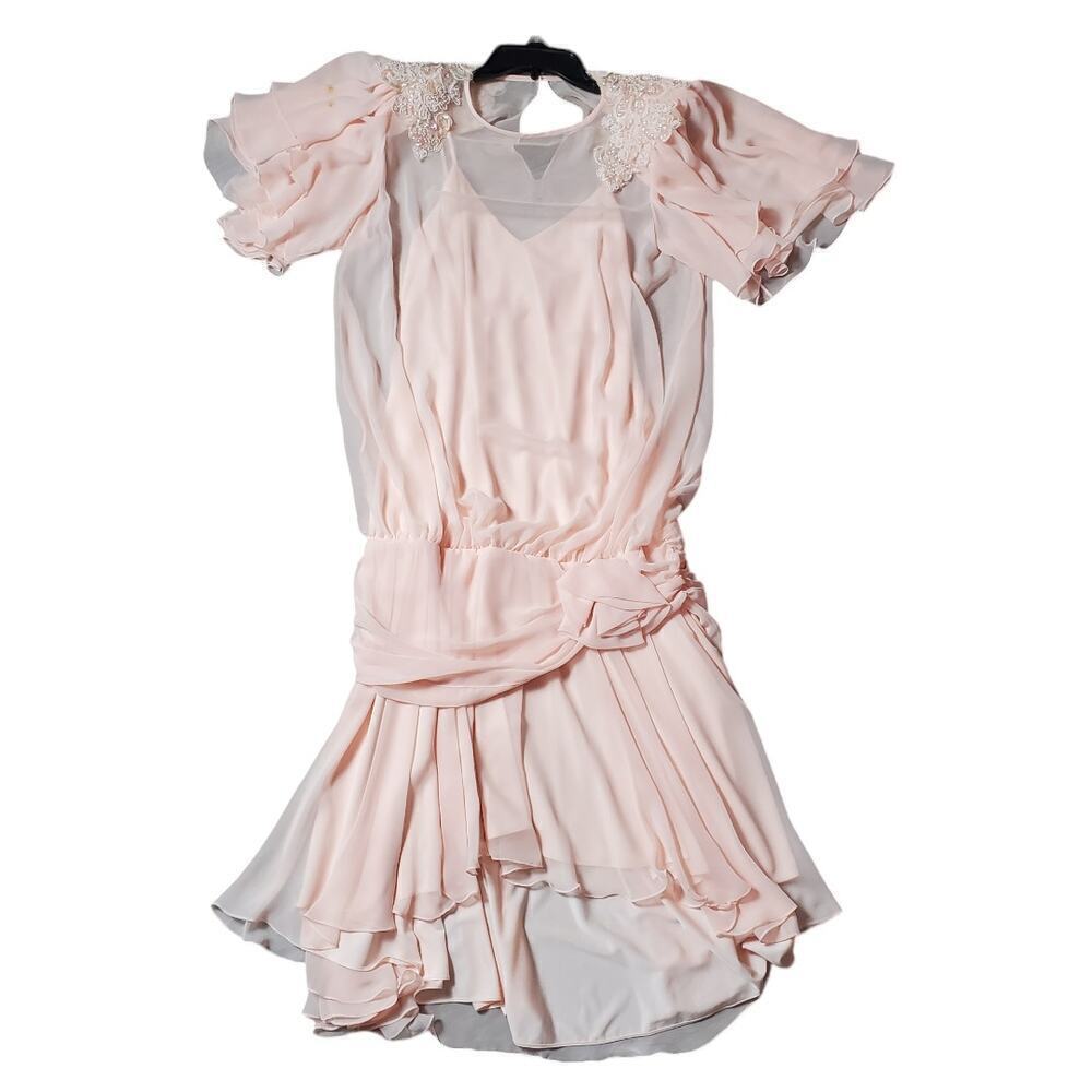Vintage Casadei Women Drop Waist Ruffle Sequin Pearl Bead Accent Dress Size 8